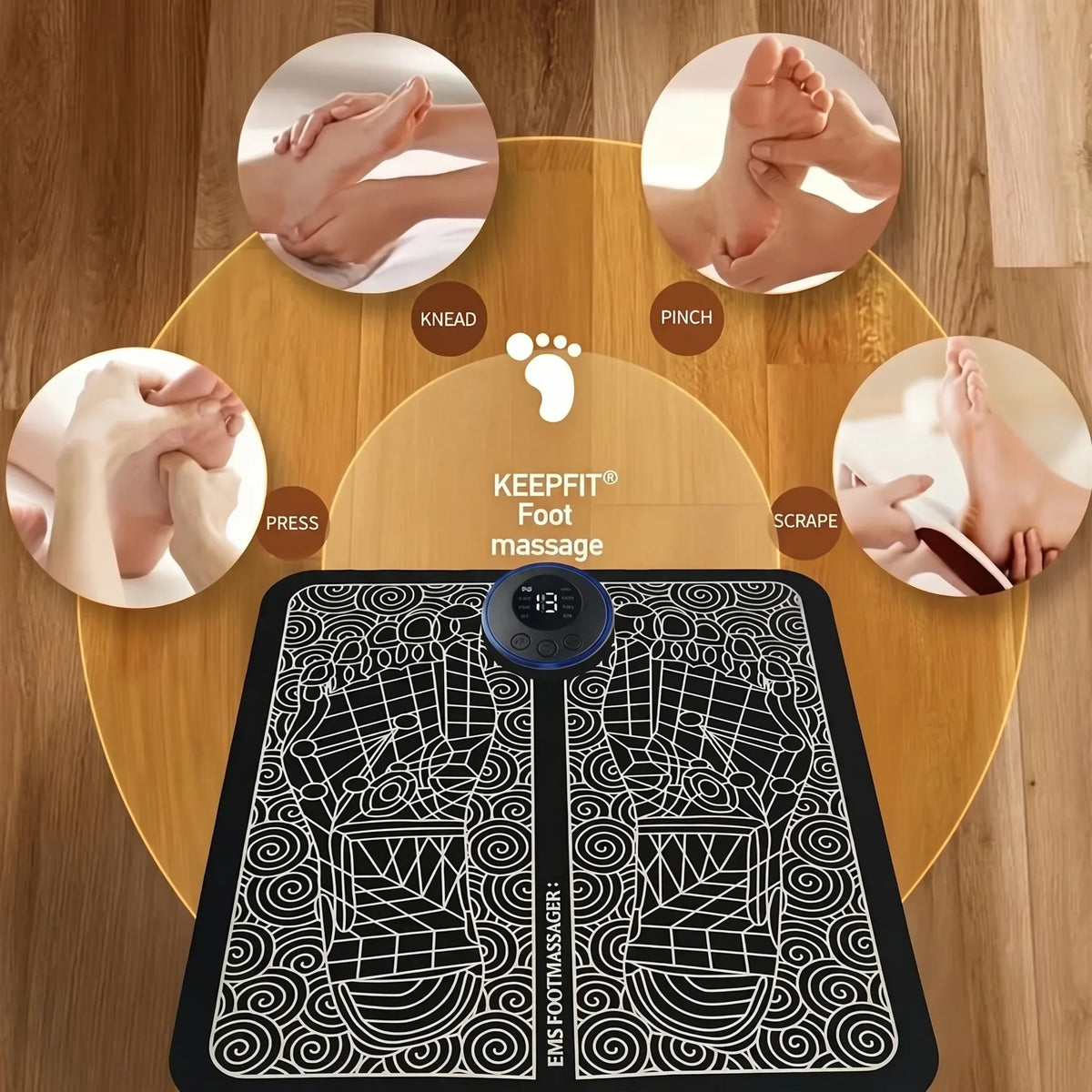 Black EMS foot massage pad by Corporación Turística for relaxation and pain relief in health and wellness care.