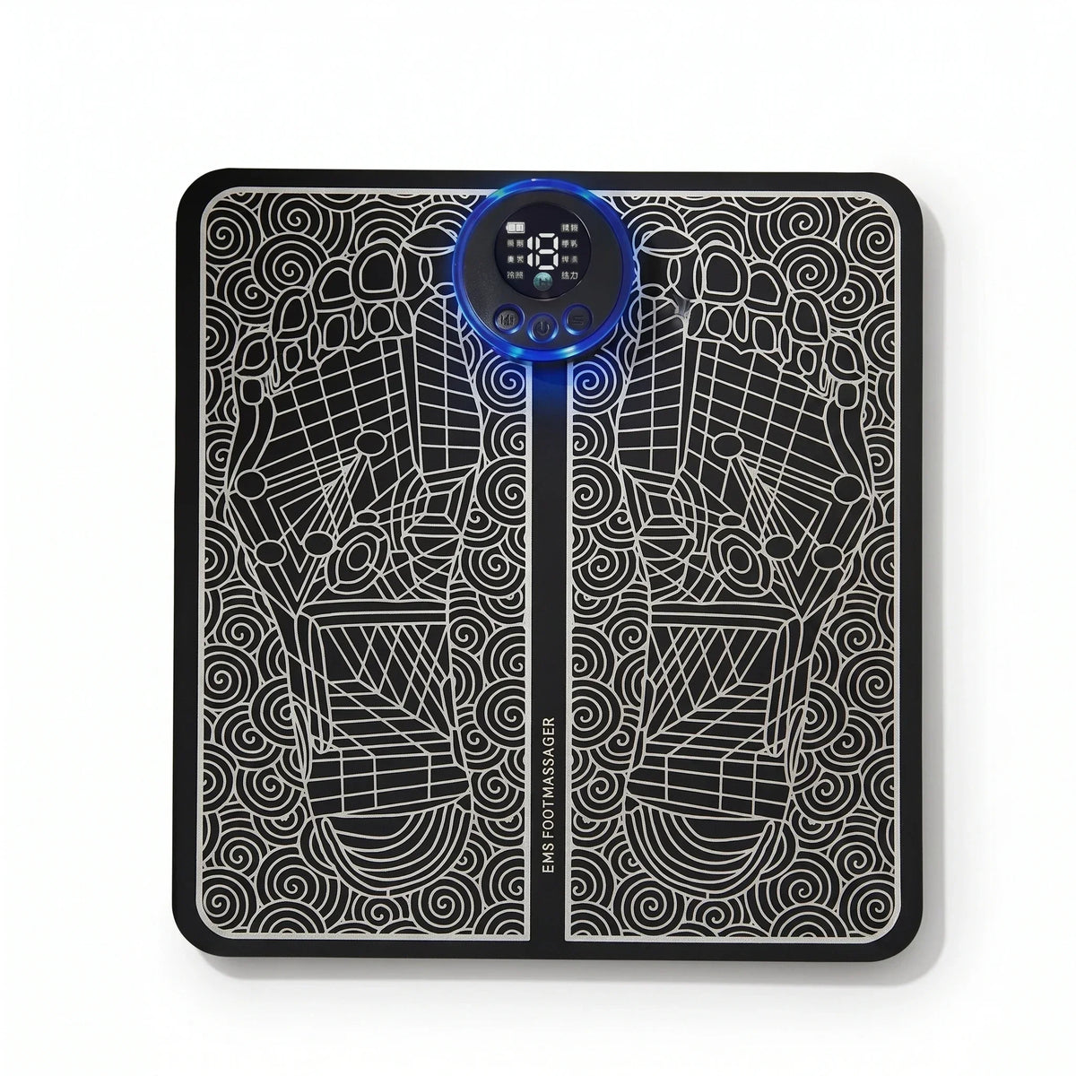 Black foot massage pad by Corporación Turística for EMS therapy, designed to relax muscles and relieve foot pain.
