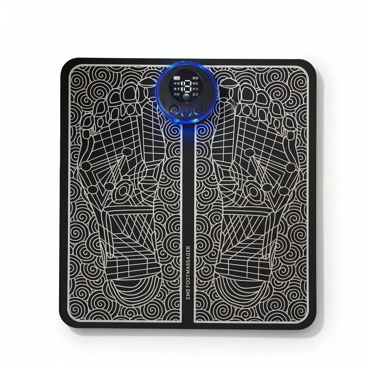 Black EMS foot massage pad from Corporación Turística for foot relaxation and pain relief in health and wellness care.