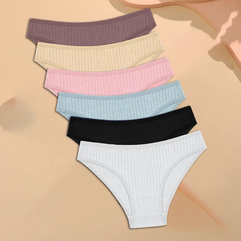 Set of six women's cotton briefs by FINETOO, soft and comfortable underwear with colorful designs, displayed on a flat surface.