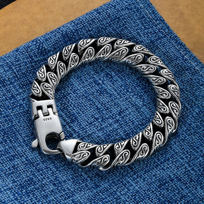 Vintage silver bracelet with Tang Chinese herbal design, 20cm length, crafted by Corporación Turística.