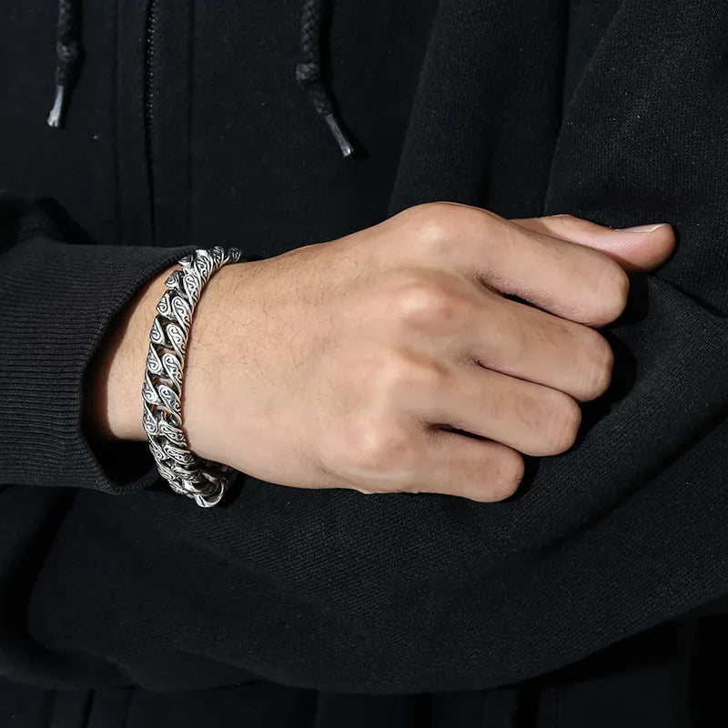 Vintage silver bracelet with Tang Chinese herb design, 20cm length, featuring intricate cultural motifs, ideal for stylish wristwear.