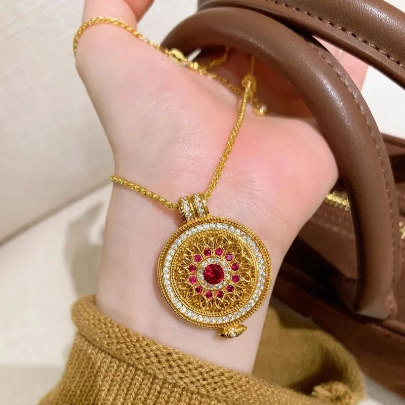 Red round floral pink hollow necklace by Corporación Turística featuring classic style and silver finish.