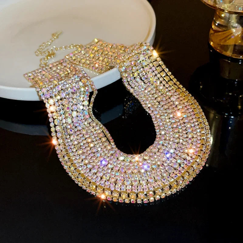 Colorful crystal luxury choker necklace by FYUAN featuring vibrant, shimmering glass beads for a stylish, elegant look.