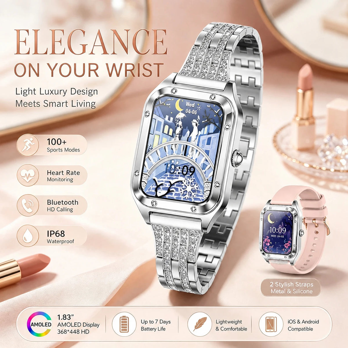 Silver women's smart watch with touchscreen display from Corporación Turística, featuring modern design and versatile functionality.