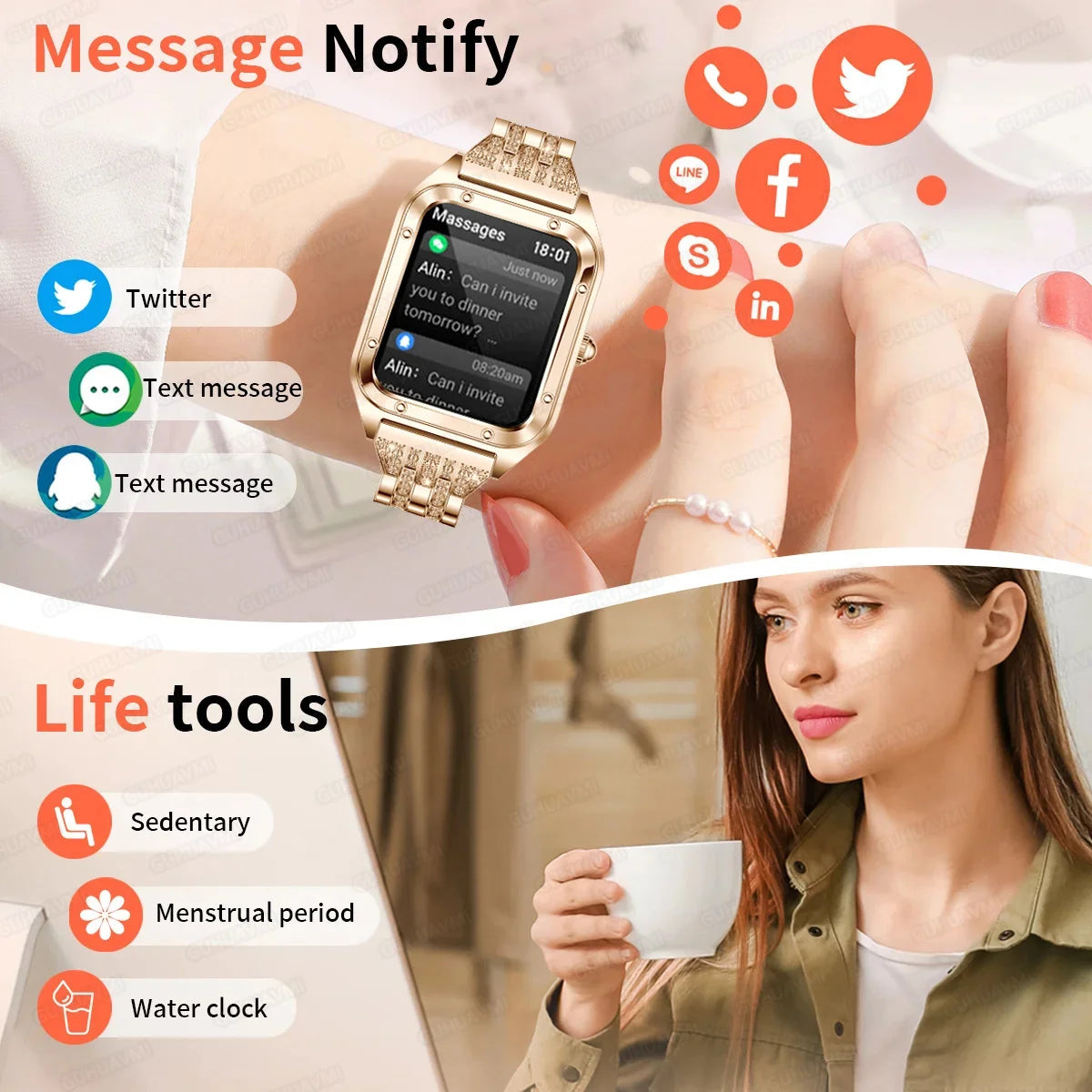 Silver women's smart watch 2026 with full touchscreen display, sleek design, and modern features by Corporación Turística.