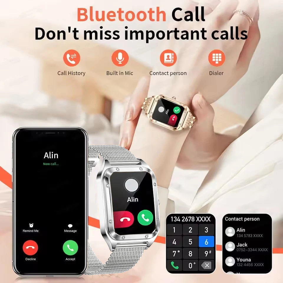 Silver women's smart watch with touchscreen display, 2026 model by Corporación Turística, featuring sleek design and digital interface.