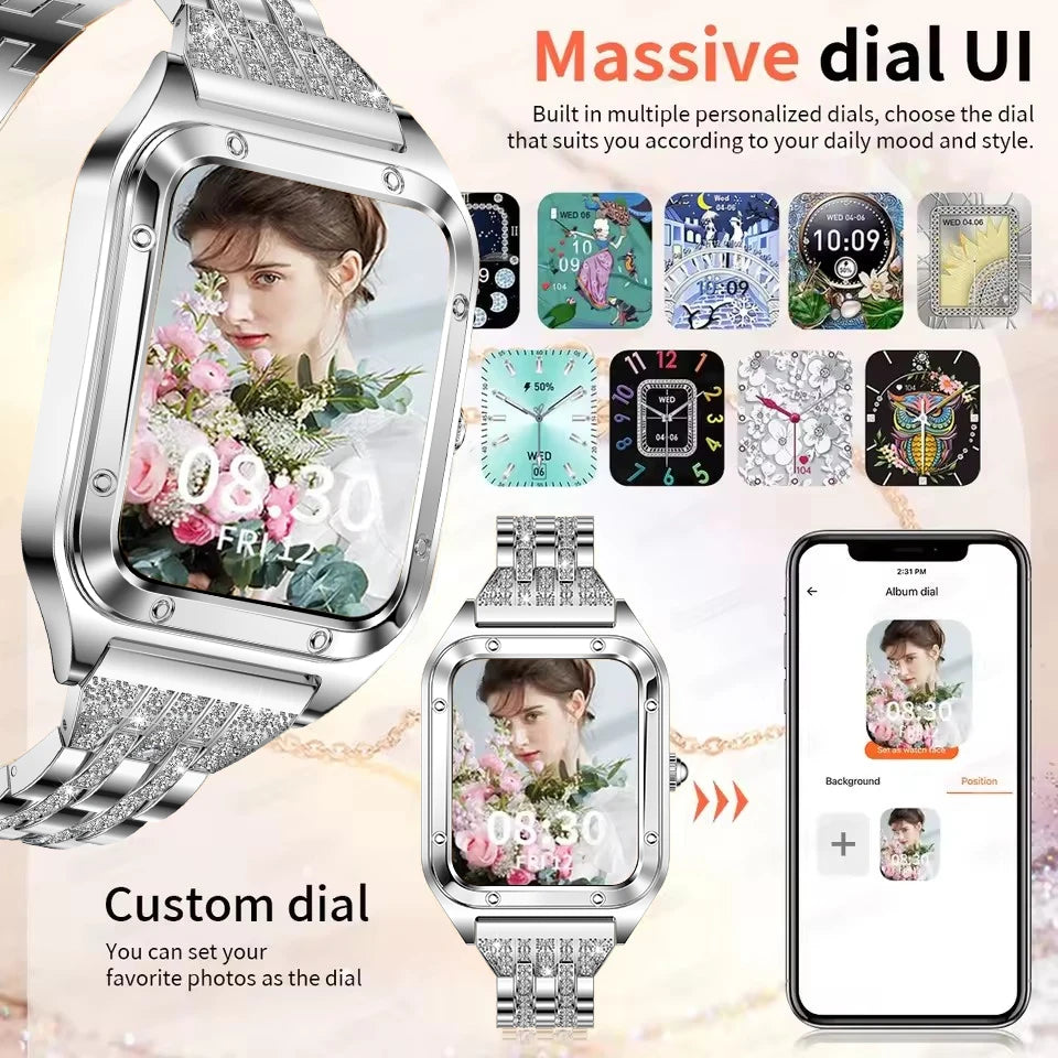 Silver smart watch for women with a full touchscreen display, featuring sleek design and modern functionality by Corporación Turística.