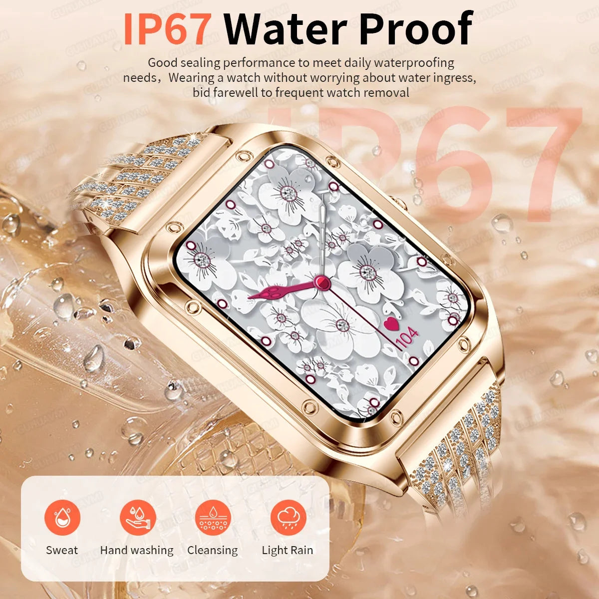 Silver women's smart watch 2026 with full touchscreen display, designed by Corporación Turística, stylish and modern wearable tech.