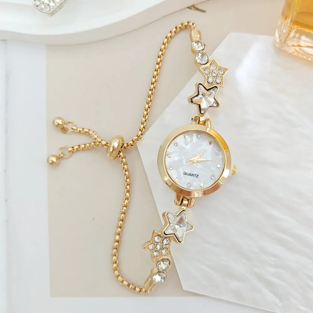 Elegant silver and white adjustable bracelet watch with sparkling pedrería from Corporación Turística, showcasing a stylish and refined design.