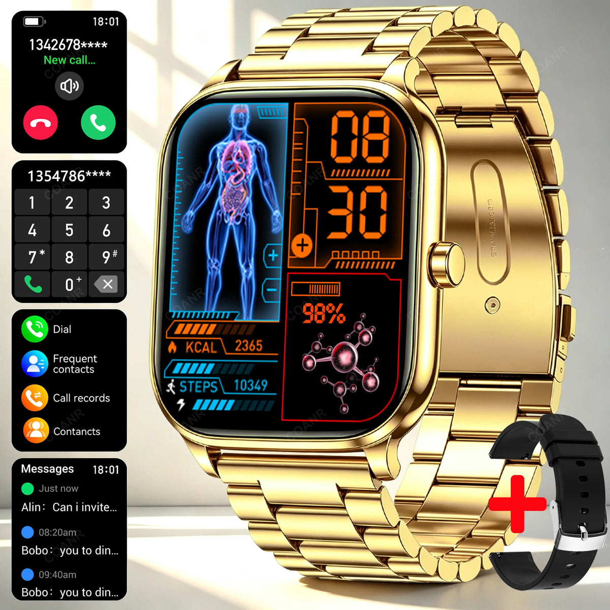 Golden men's and women's smart watch with a sleek steel band and digital display, suitable for both genders.
