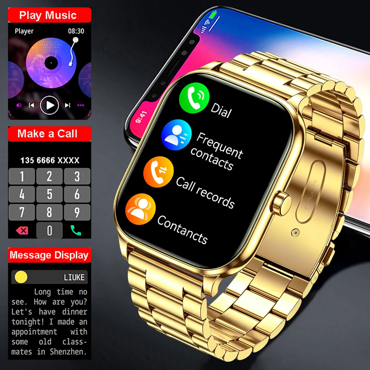 Golden men's and women's smart watch with a sleek steel band and digital display, designed for stylish everyday use.