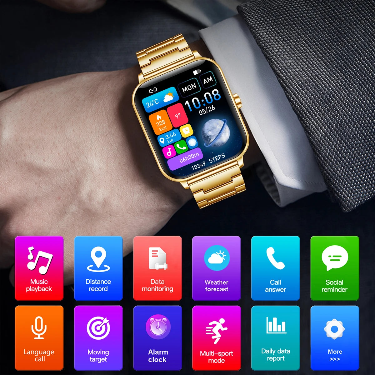 Golden men's and women's smart watch with a silver steel band and digital display from Corporación Turística.