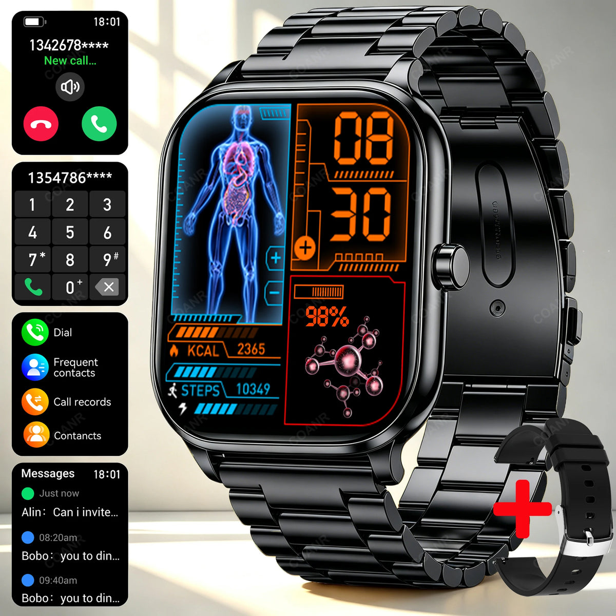 Golden men's and women's smart watch by Corporación Turística with a sleek steel band and digital display.