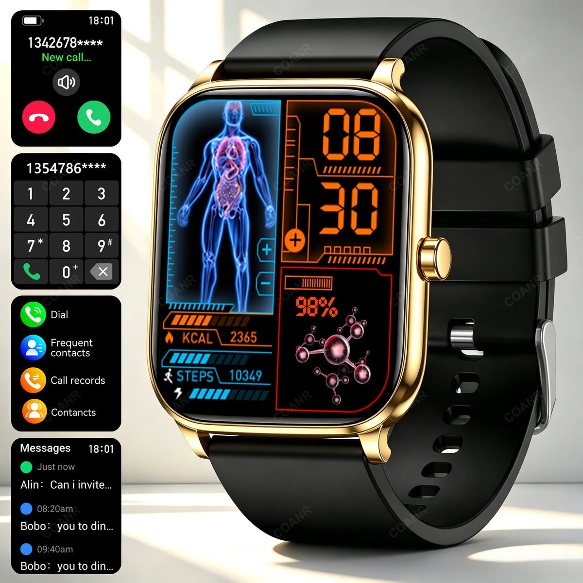 Golden men's and women's smart watch with a sleek steel band and digital display, stylish and modern wearable tech.