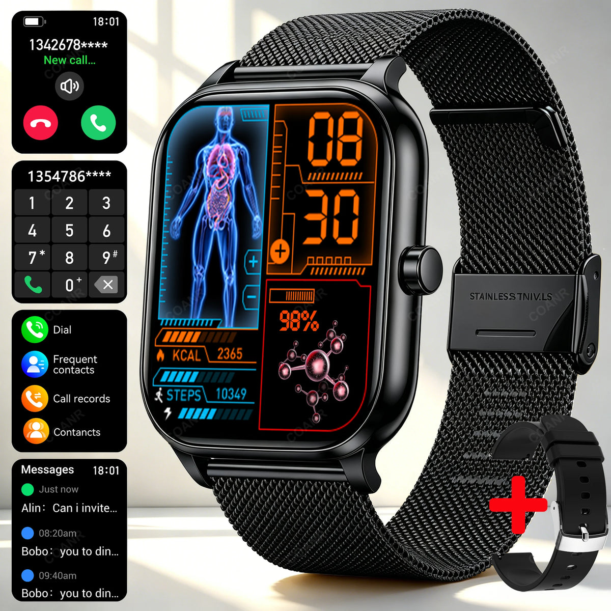 Golden men's and women's smart watch with a sleek steel band and digital display, suitable for both genders.