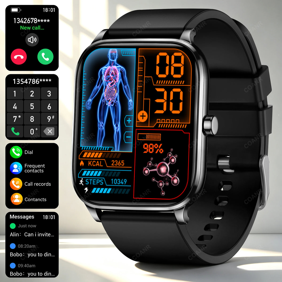 Golden men's and women's smart watch by Corporación Turística with a sleek steel band and digital display.