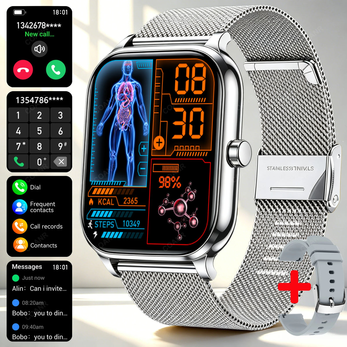 Golden men's and women's smart watch with a sleek silver steel band and digital display from Corporación Turística.