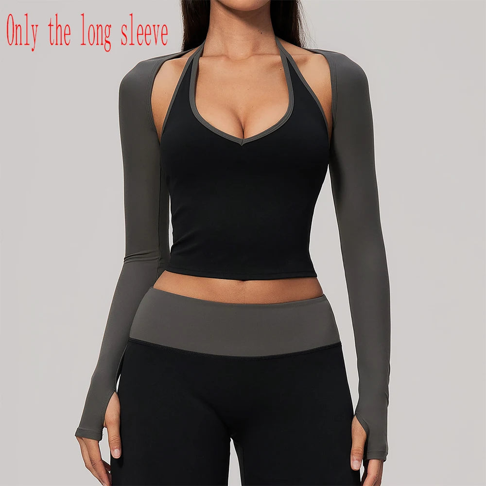Sky blue women's long-sleeve backless yoga t-shirt by Corporación Turística, lightweight and comfortable for active wear.