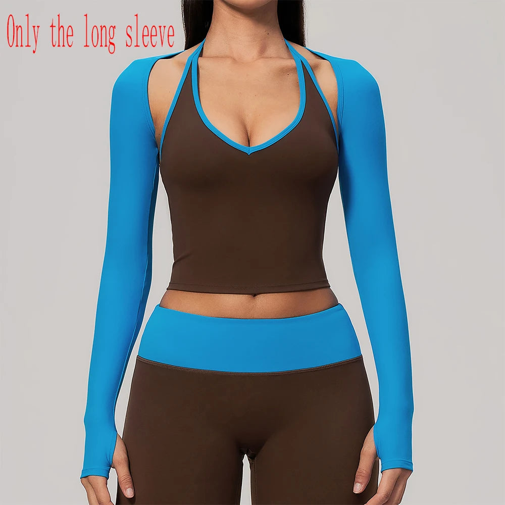 Sky blue women's long sleeve backless yoga T-shirt by Corporación Turística, fitted style for active wear.