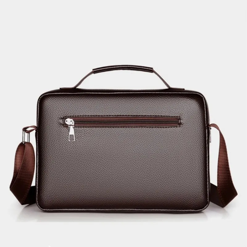 Leather men's shoulder bag or messenger bag in dark brown PU leather, with adjustable strap and multiple compartments.
