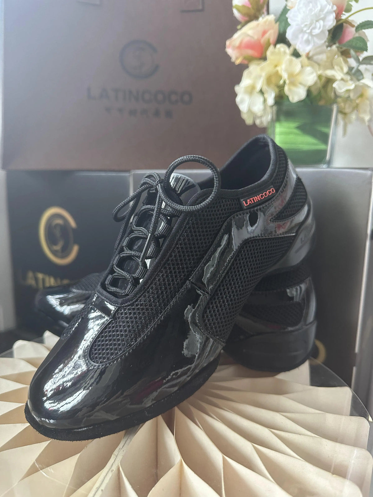 Elegant black SW Latin Dance shoes for professionals by Corporación Turística, showing stylish heel and sleek design.