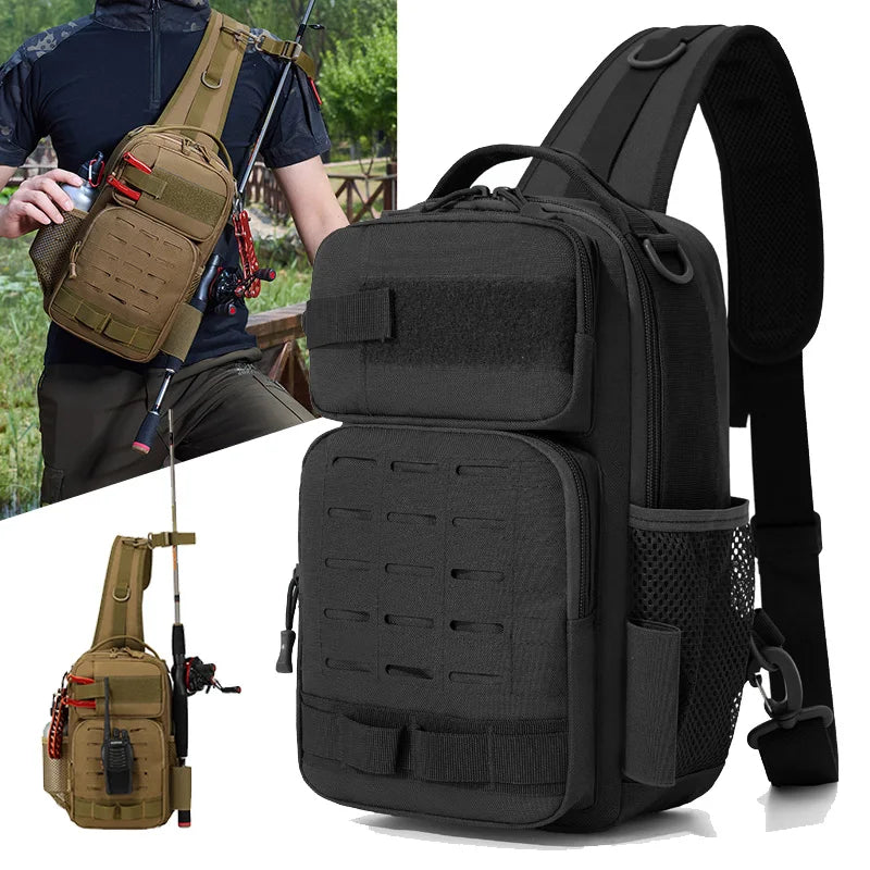 Black tactical chest bag from Corporación Turística, ideal for camping and climbing, with multiple compartments and adjustable straps.