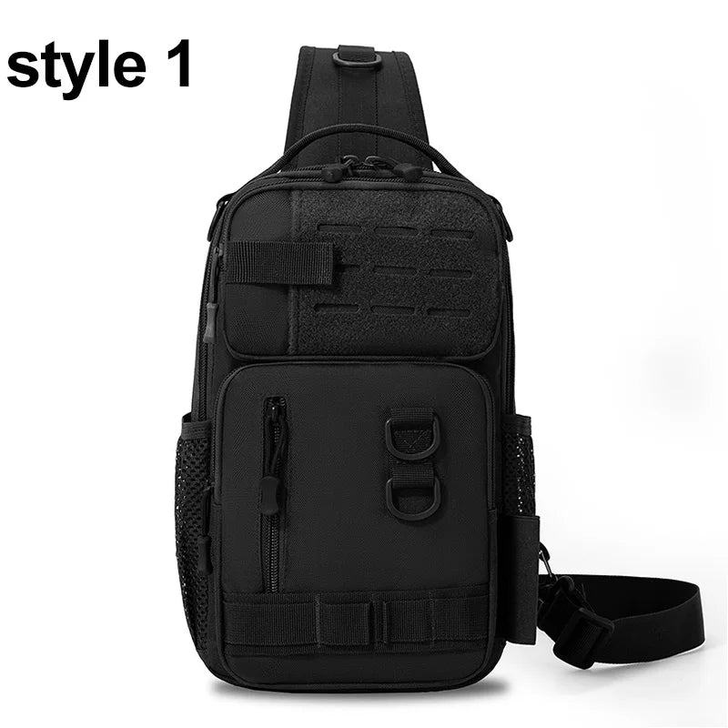 Black tactical chest bag from Corporación Turística, ideal for camping and climbing, with multiple compartments and adjustable straps.