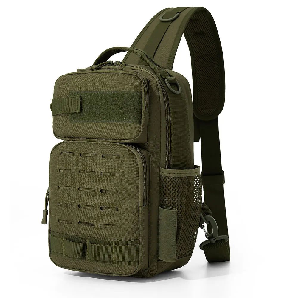 Black tactical chest bag from Corporación Turística, suitable for camping and climbing, with multiple compartments and adjustable straps.
