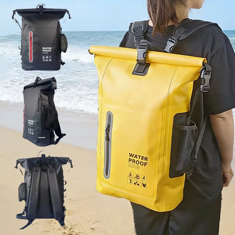 Green waterproof kayak bag from Corporación Turística, designed as a dry hiking backpack for navigation and outdoor water activities.