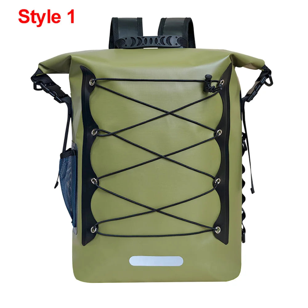 Green waterproof kayak bag and dry backpack from Corporación Turística, designed for navigation and outdoor water activities.