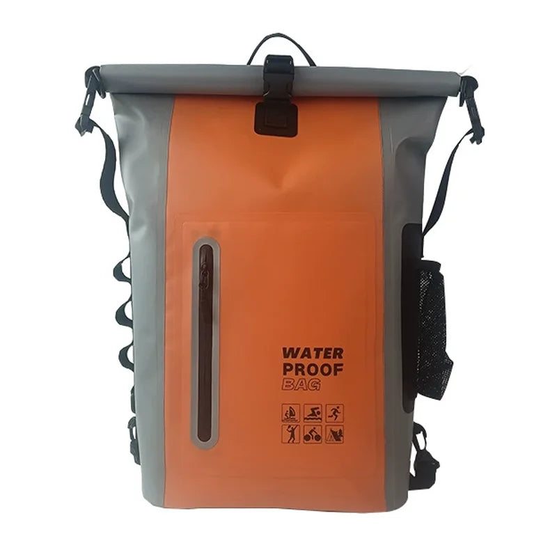 Green waterproof kayak bag, dry backpack for navigation, made by Corporación Turística, shown in a natural outdoor setting.