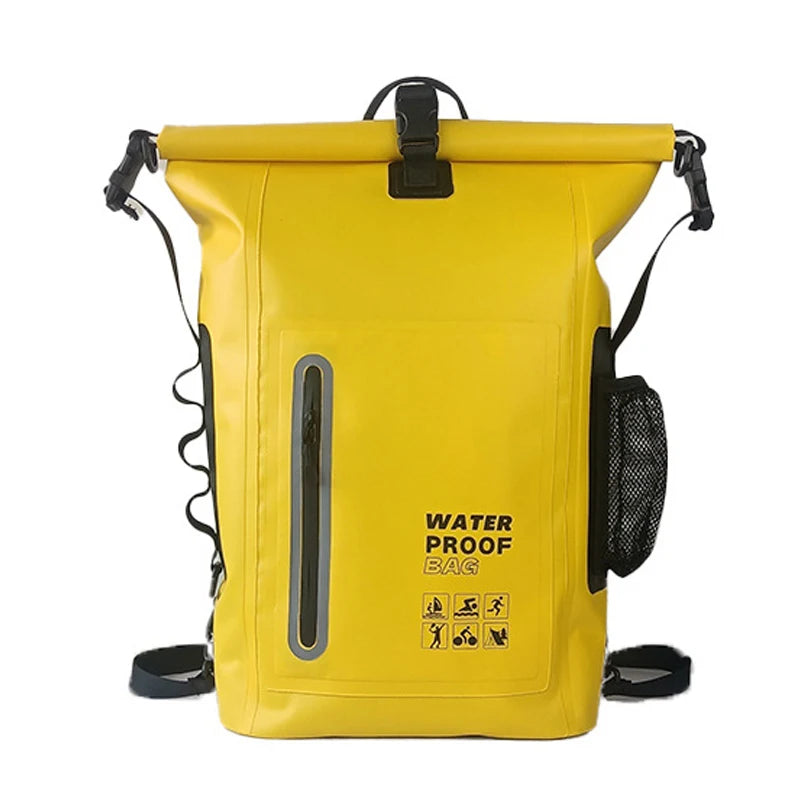 Green waterproof kayak bag and dry backpack from Corporación Turística, designed for secure storage during water navigation.