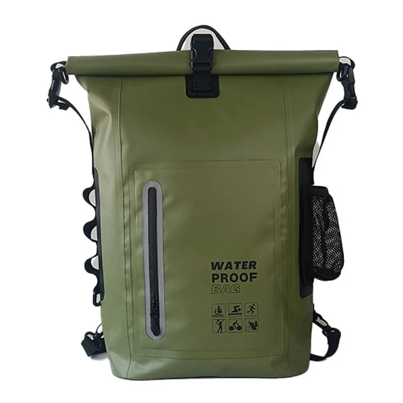 Green waterproof kayak backpack from Corporación Turística, featuring a secure dry storage design for water navigation activities.