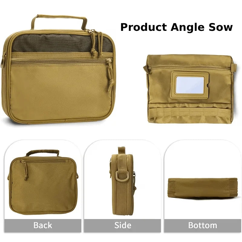 Tactical men's toiletry bag in khaki from Corporación Turística, with multiple compartments for bathroom organization.