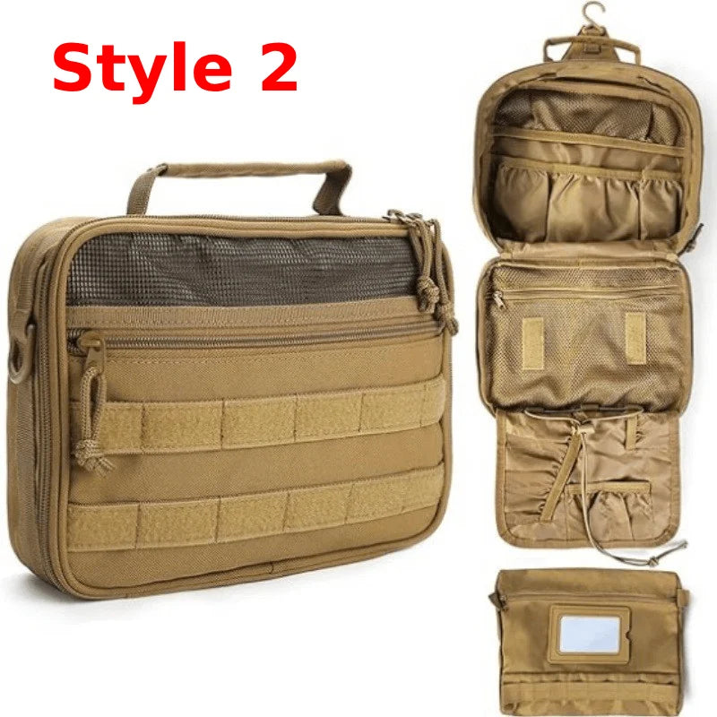 Tactical men's toiletry bag by Corporación Turística in khaki, with multiple compartments for bathroom organization.