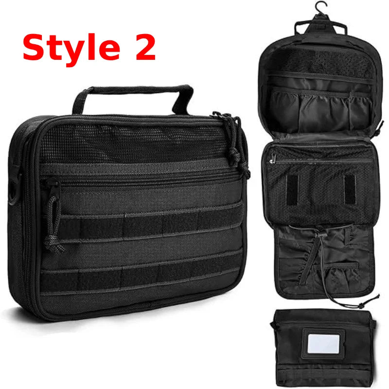 Tactical men's toiletry bag by Corporación Turística in khaki, with multiple compartments for bathroom organization.