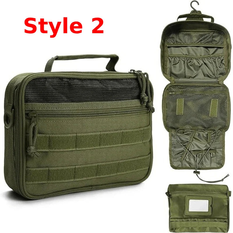 Tactical men's toiletry bag by Corporación Turística in khaki, featuring multiple compartments for bathroom organization.