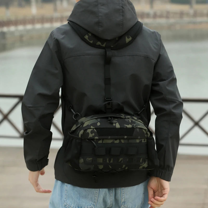 Men's hiking vest with built-in backpack and chest pocket, khaki color, by Corporación Turística.