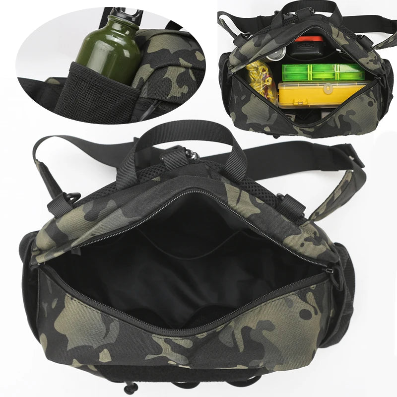 Men's khaki hiking vest by Corporación Turística with built-in backpack and chest bag, designed for outdoor adventures.