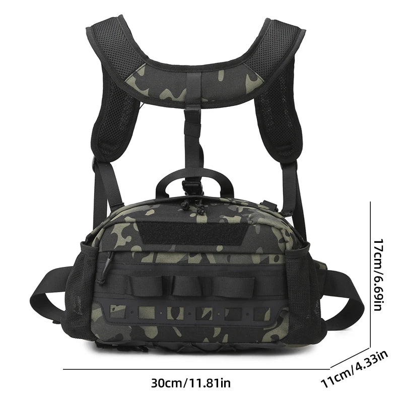 Men's khaki hiking vest with built-in backpack and chest bag, from Corporación Turística, ideal for outdoor adventures.