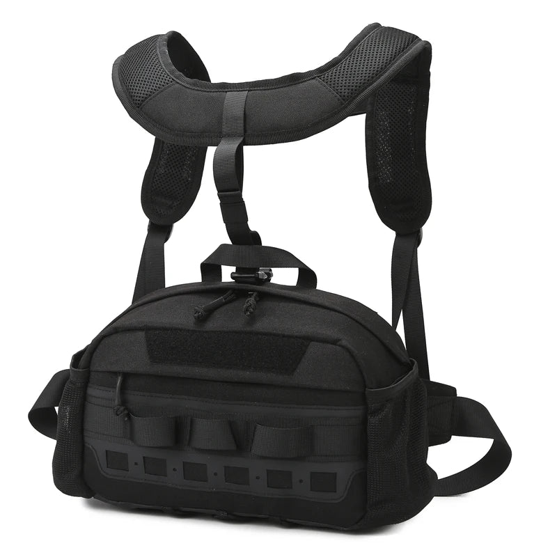 Khaki men's hiking vest with attached backpack and chest bag, designed for outdoor trekking by Corporación Turística.