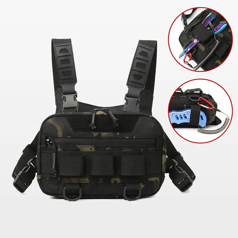 Khaki tactical chest pack backpack by Corporación Turística with adjustable straps and multiple compartments for outdoor gear.