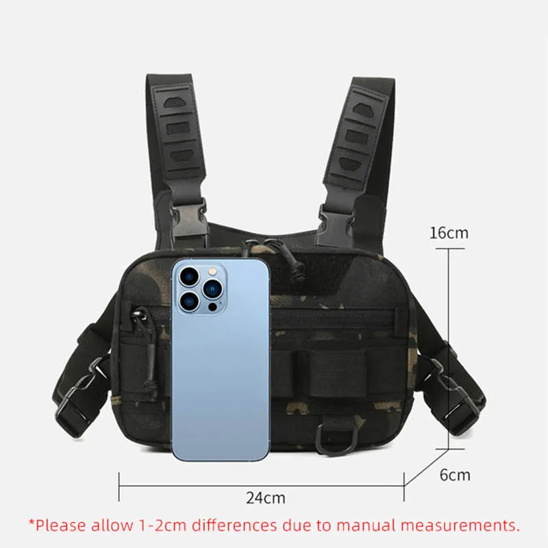 Khaki tactical chest rig backpack for gear, with multiple compartments and adjustable straps, by Corporación Turística.