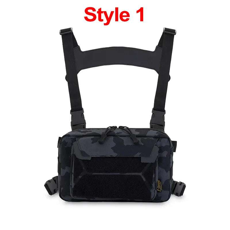 Khaki tactical chest rig backpack by Corporación Turística with adjustable straps and multiple compartments for outdoor gear.
