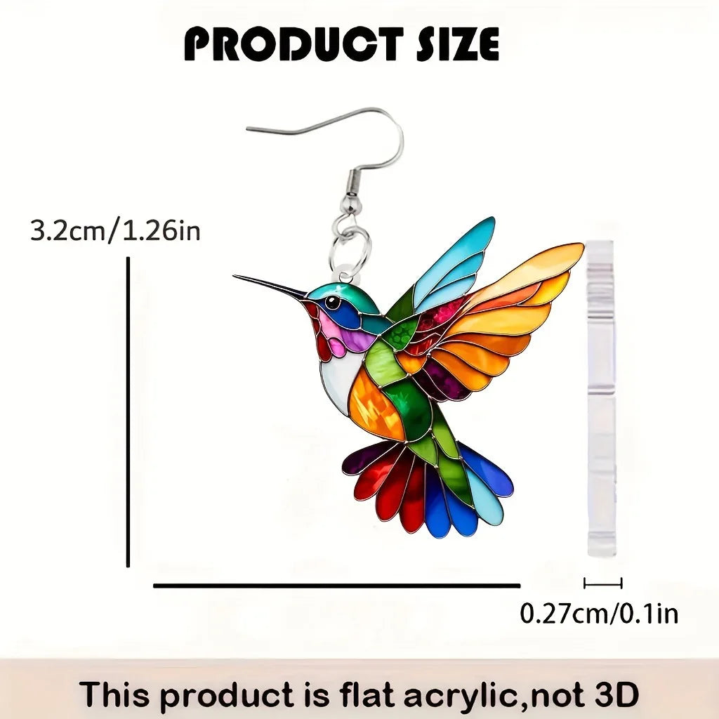 Acrílic colibrí earrings with bird-shaped design, featuring colorful, lightweight jewelry by Corporación Turística