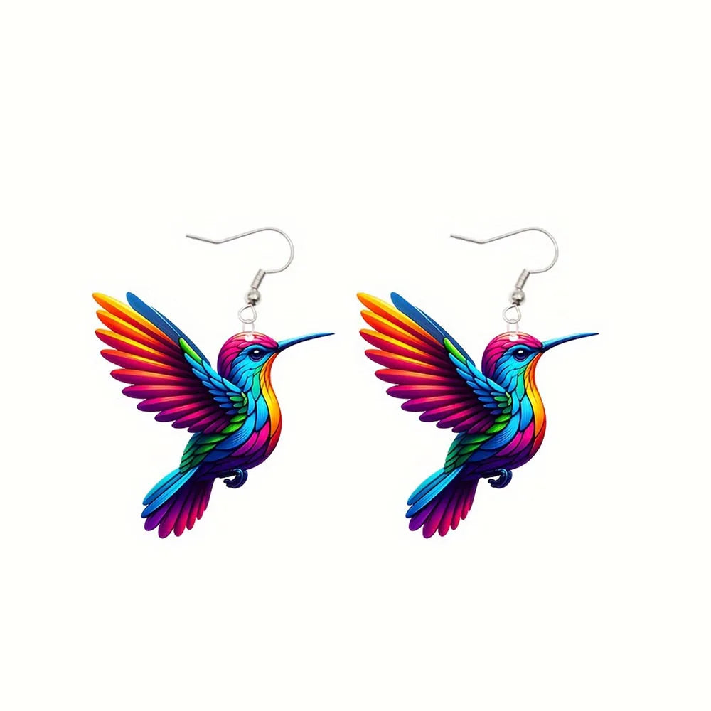 Acrylic hummingbird earrings with colorful, detailed design, featuring a vibrant and delicate shape for stylish wear.