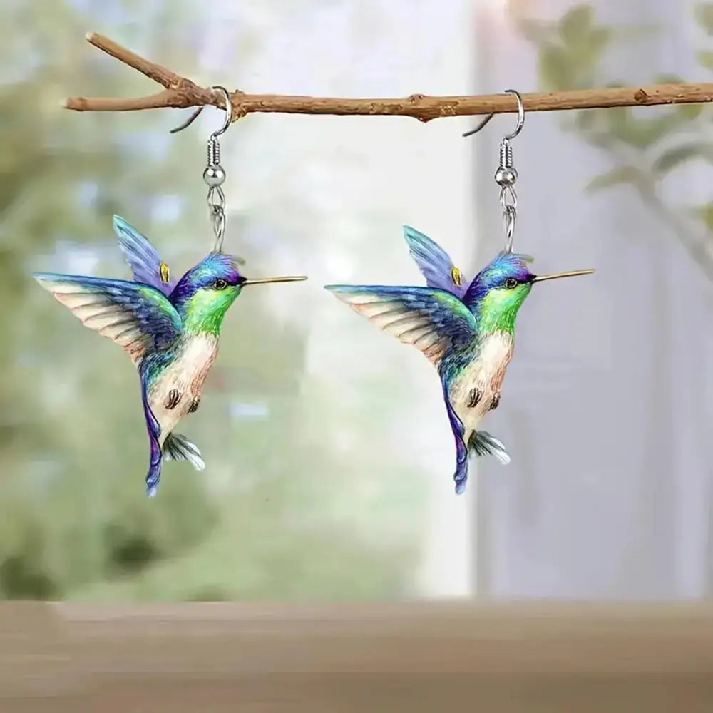 Acrylic hummingbird earrings featuring colorful, lightweight design with detailed bird shape, perfect for casual or elegant wear.