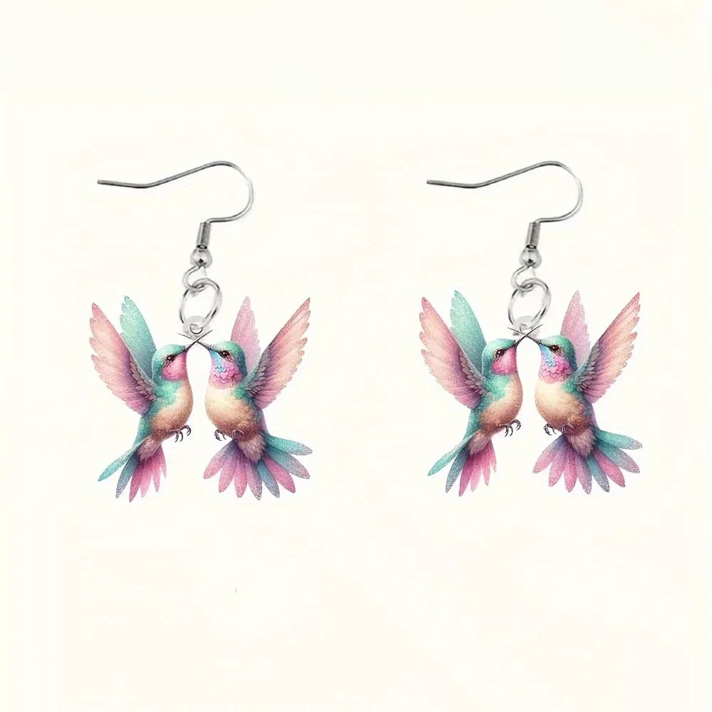 Acrylic hummingbird earrings featuring colorful, detailed bird-shaped pendants, perfect for casual or stylish wear.