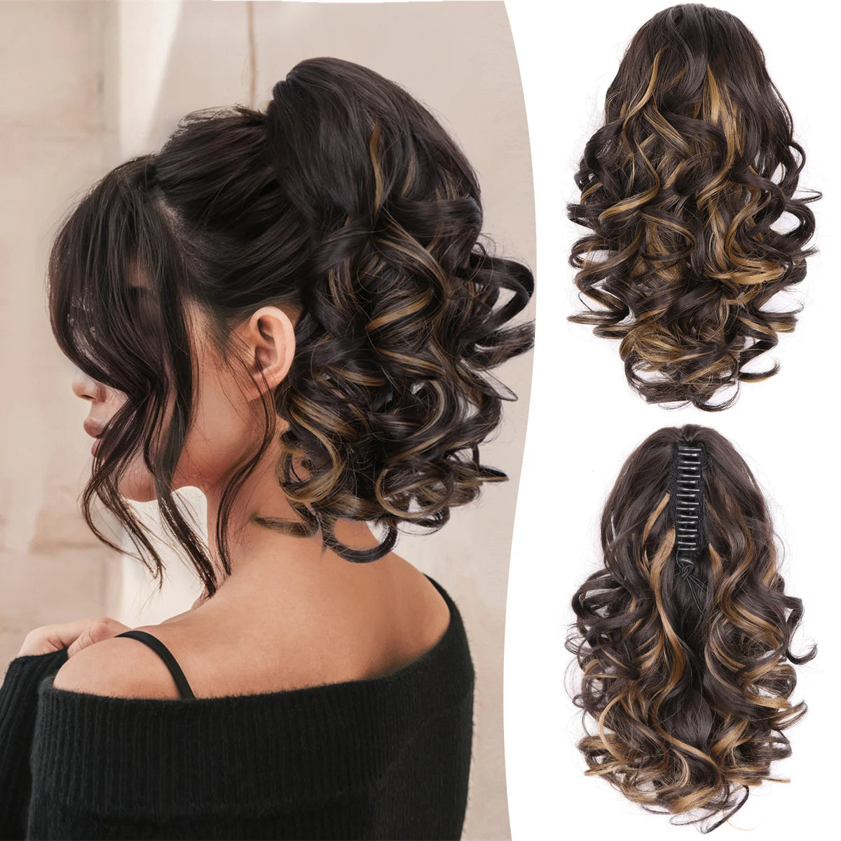 Wavy hair ponytail extension with claw clip from Corporación Turística, 12 inches, natural brown color for easy hair styling.